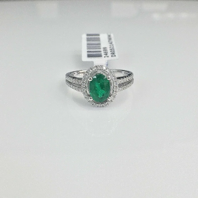 Tapered Shank Engagement Rings1.26 Carats t.w. Diamond and Emerald Halo Ring 14K Gold