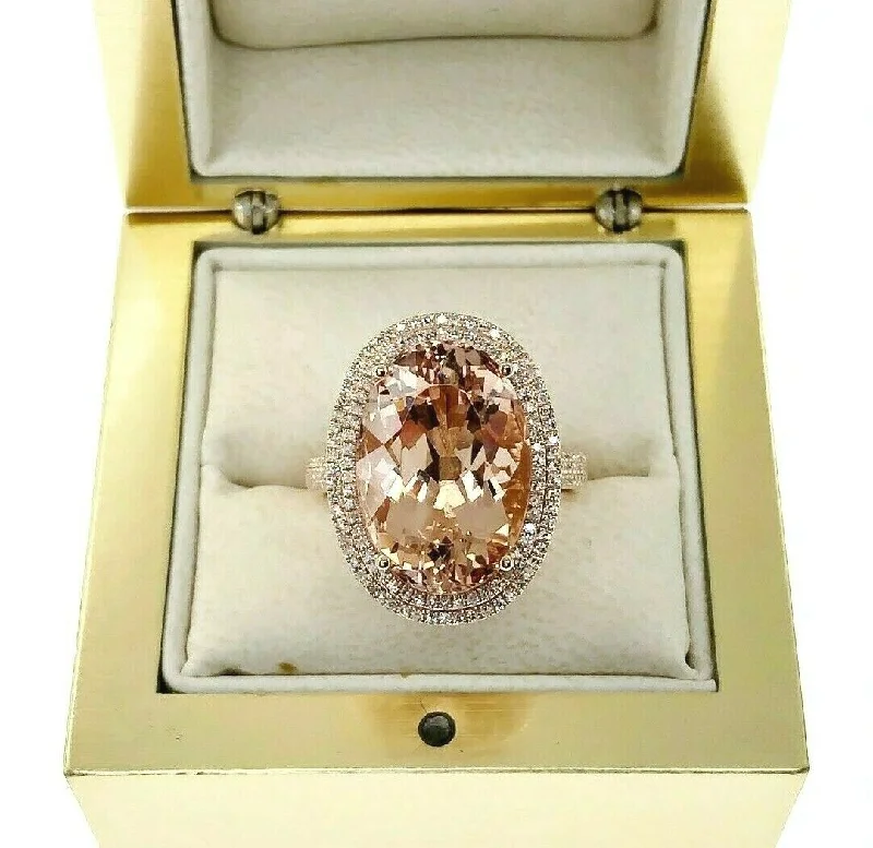 Rose Gold Engagement Rings10.565 Carats Diamond and Oval Morganite Halo Celebration Ring 14K Rose Gold New