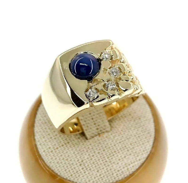 Titanium Engagement Rings2.10 Carats Mens Nugget Diamond and Blue Star Sapphire Ring 14K Yellow Gold