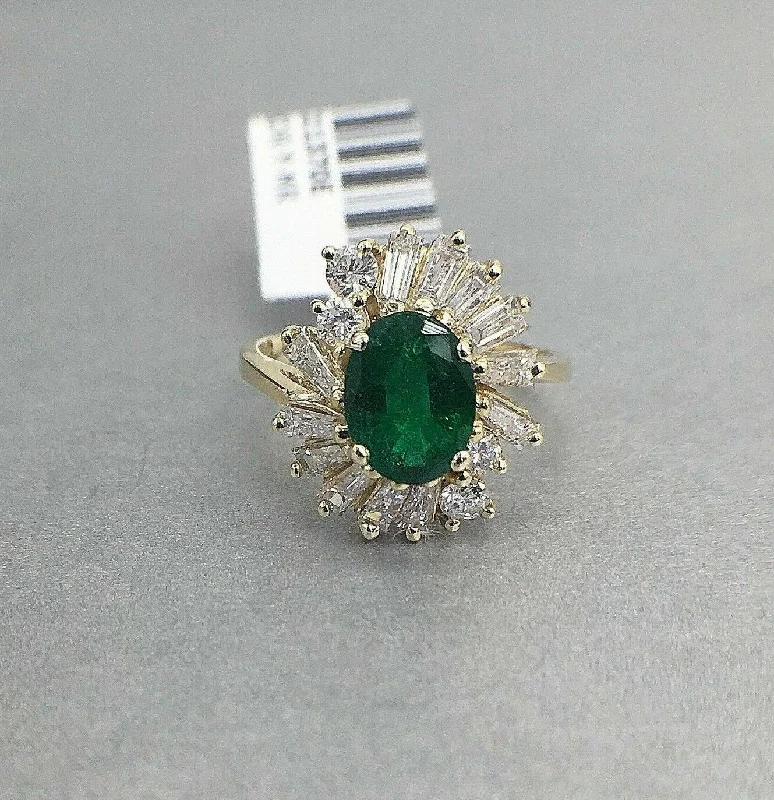 Rustic Engagement Rings2.51 TCW Oval Emerald w/ Round & Baguette Diamond Accents Size 6.5 Ring 14k Gold