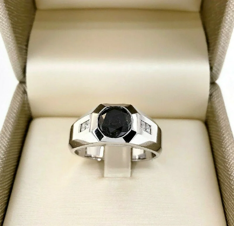 Estate Engagement Rings2.60 Carats Mens White and Black Diamond Signet Ring 14KW Gold 2.30 ct Center