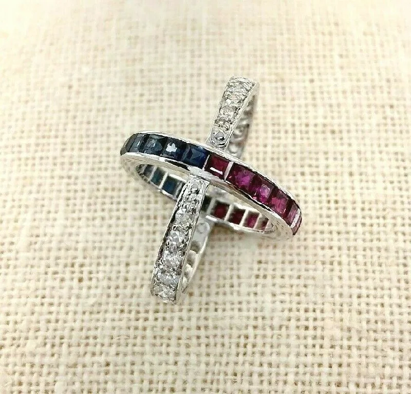 Retro Engagement Rings2.75 Carats Blue Sapphire, Ruby & Pave Round Diamond Eternity Reversible Ring