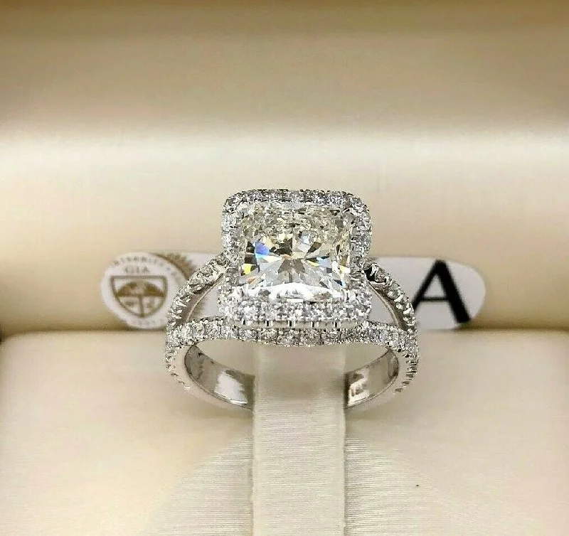 Pave Set Engagement Rings3.40 Carats tw Cushion GIA H Color Halo Split Band Engagement Ring 2.51 Center