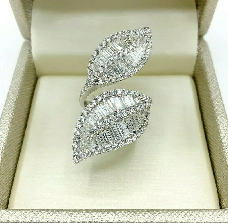 Heirloom Engagement Rings3.60 Carats Baguette & Round Diamond Double Leaves Ring1.60 Inch Length 18K Gold