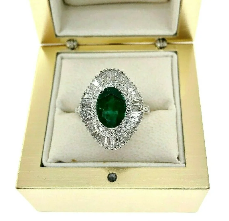 Nature Inspired Engagement Rings4.23 Carats Oval Emerald & Baguette Diamond Anniversary Cocktail Ring 18k Gold