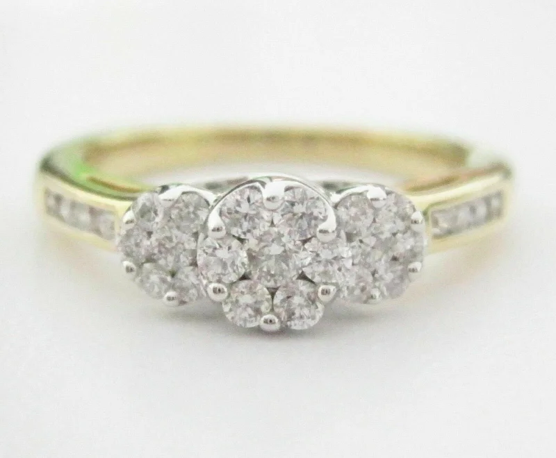 Pave Set Engagement Rings.50 TCW Round Brilliants 3 Flowers Cluster Diamond Ring Size 7 14k Yellow Gold