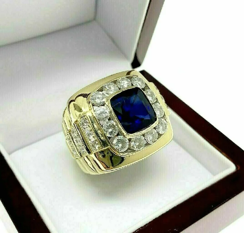 Triple Halo Engagement Rings9.92 Carats t.w. Mens Diamond and Cushion Blue Sapphire Ring 18K Yellow Gold