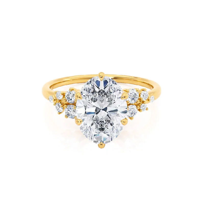 Palladium Engagement RingsALYA - Oval Lab Diamond Starburst Cluster Shoulder Set Engagement Ring 18k Yellow Gold