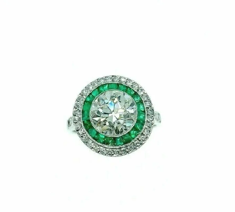 Vintage Style Engagement RingsAntique Art Deco 2.50 Carats Old European Diamond Wedding Ring with Emerald Plat