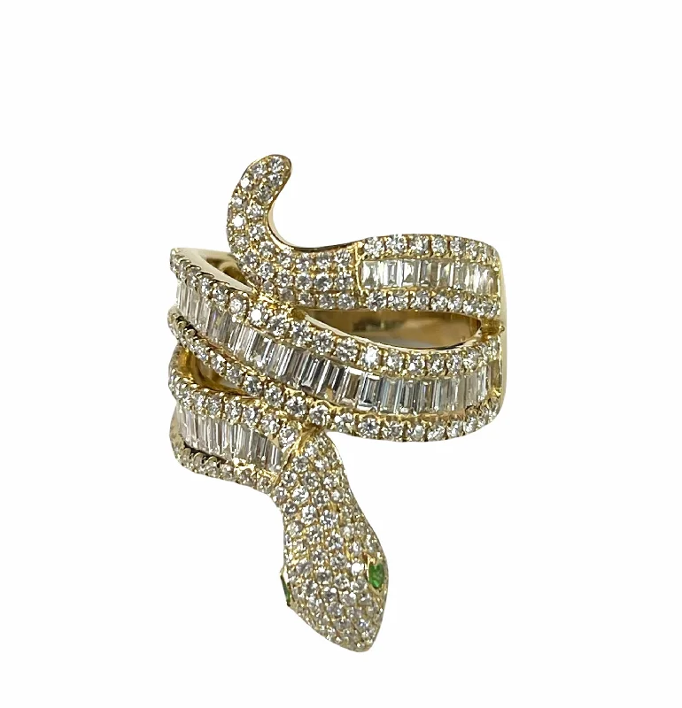 Split Shank Engagement RingsBaguettes and Round Brilliant Snake Diamond Ring Yellow Gold