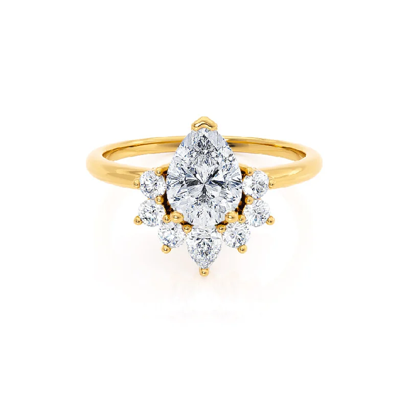 Gothic Engagement RingsBALLET - Pear Moissanite & Diamond Half Halo Tiara Ring 18k Yellow Gold