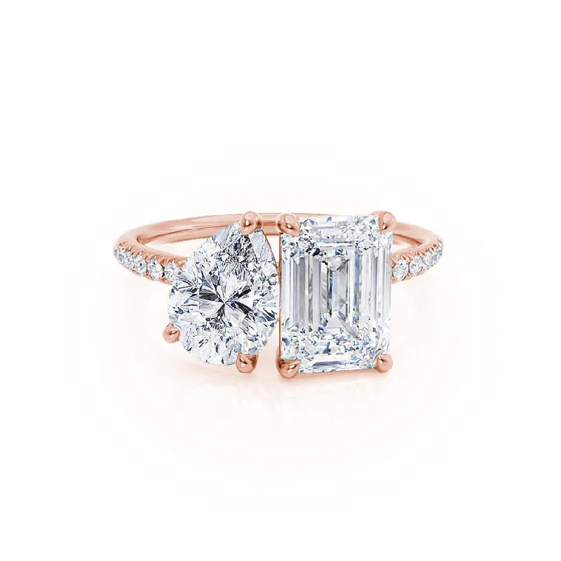 Engagement Rings for Sensitive SkinCELESTE - Toi et Moi Lab Diamond Emerald & Pear Diamond Band Ring 18k Rose Gold