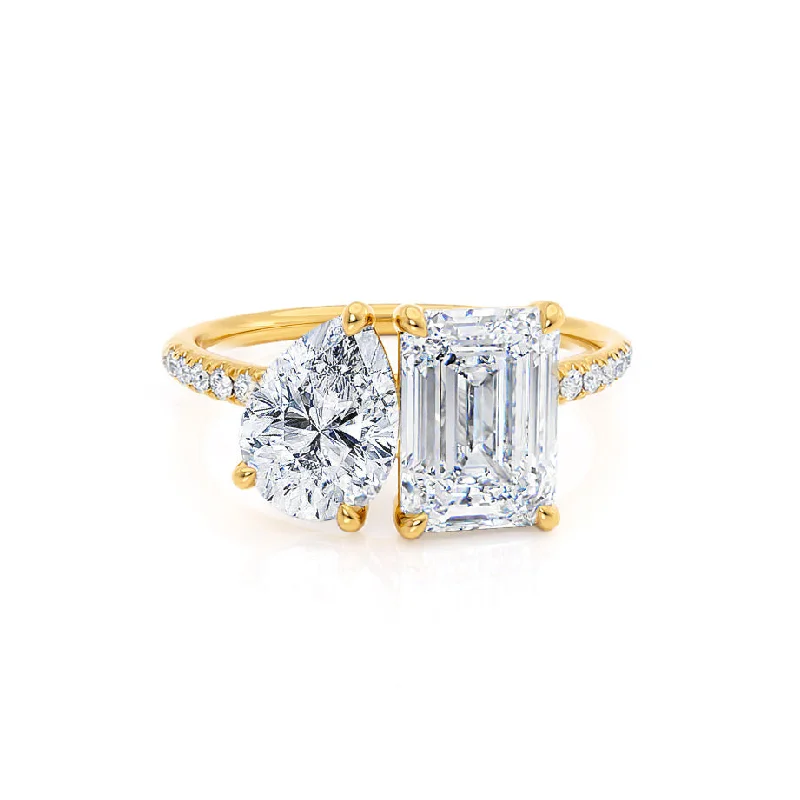 Platinum Engagement RingsCELESTE - Toi et Moi Lab Diamond Emerald & Pear Diamond Band Ring 18k Yellow Gold