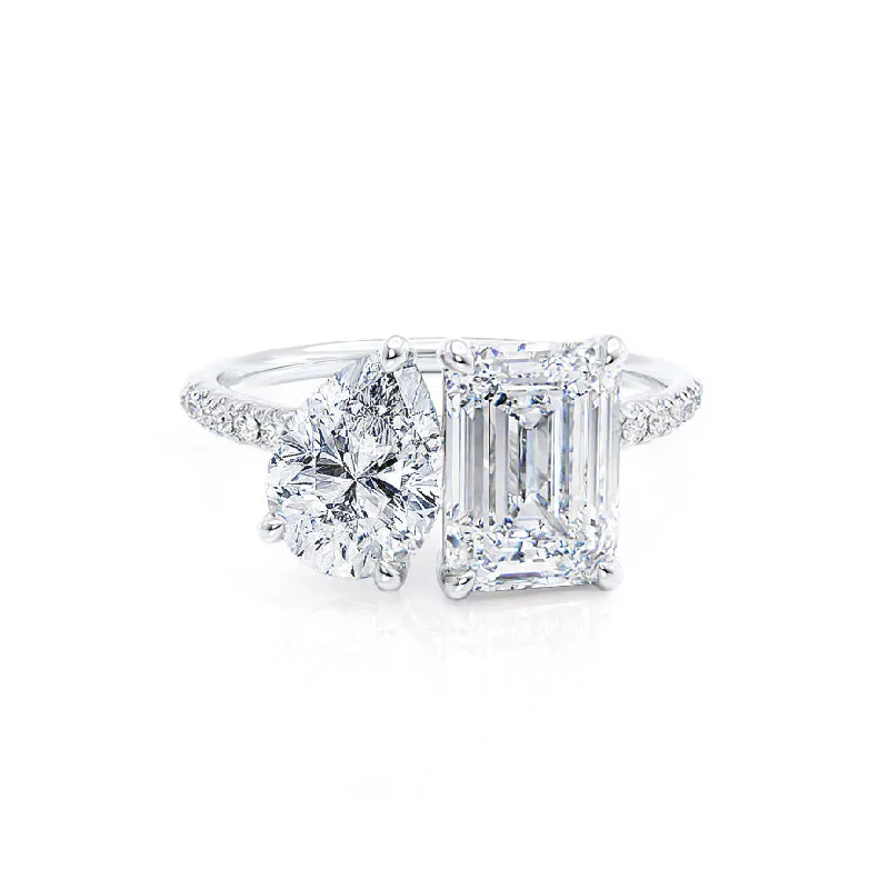 Aquamarine Engagement RingsCELESTE - Toi et Moi Lab Diamond Emerald & Pear Diamond Band Ring 950 Platinum