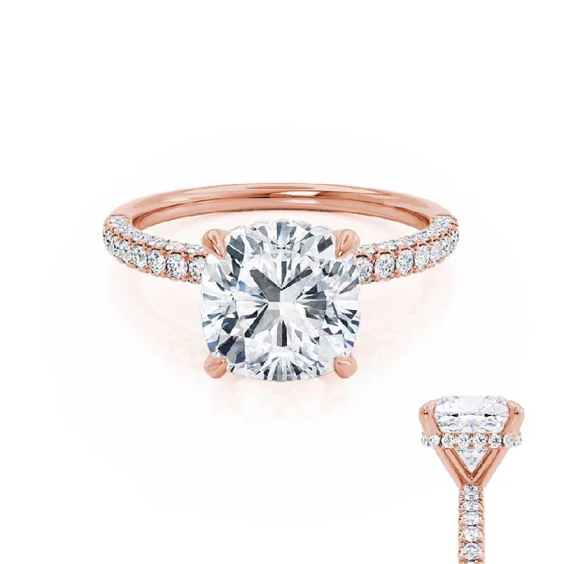 Platinum Engagement RingsCOCO - Cushion Cut Lab Diamond 18k Rose Gold Petite Hidden Halo Triple Pavé