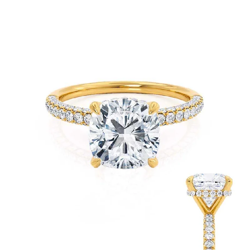 Halo Gemstone Engagement RingsCOCO - Cushion Cut Lab Diamond 18k Yellow Gold Petite Hidden Halo Triple Pavé