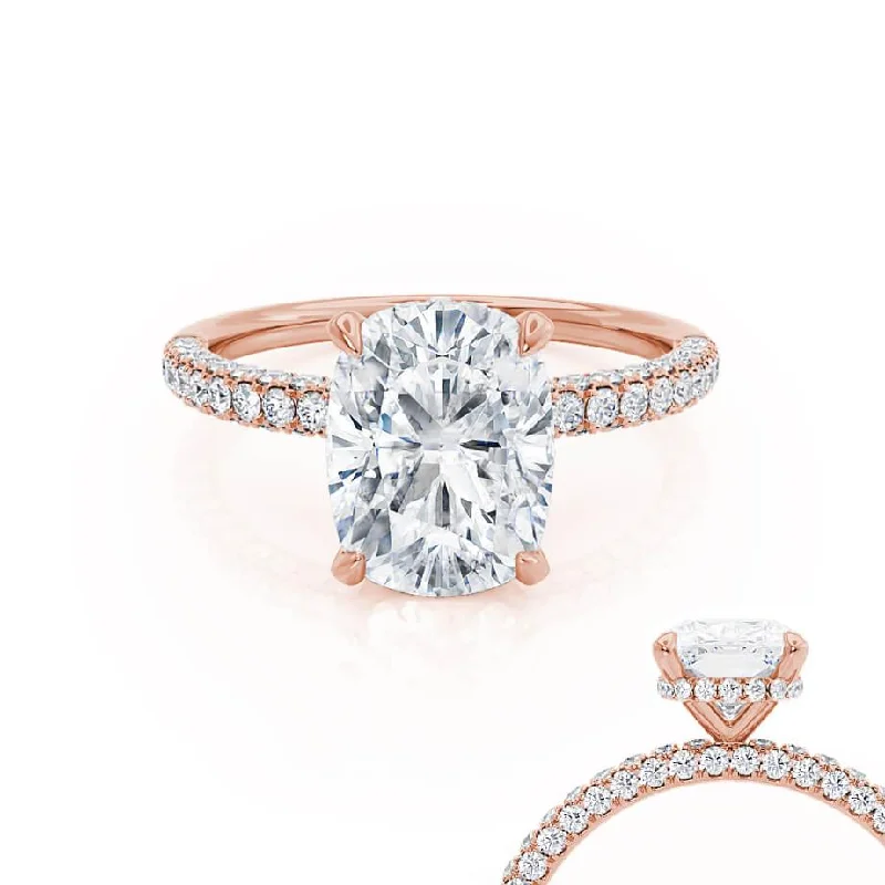 Modern Design Engagement RingsCOCO - Elongated Cushion Cut Lab Diamond 18k Rose Gold Petite Hidden Halo Triple Pavé