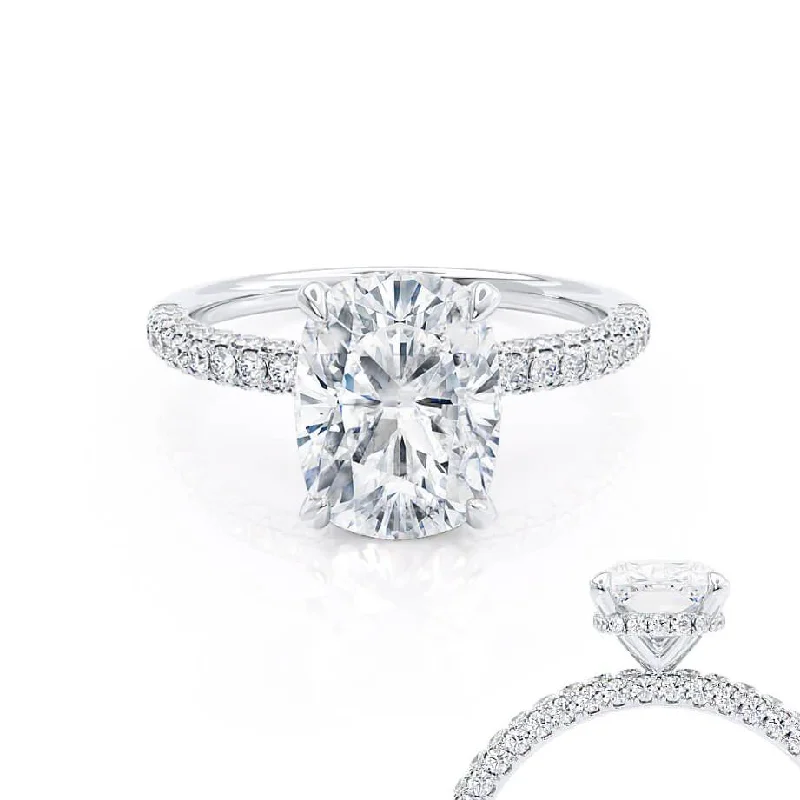 Adjustable Engagement RingsCOCO - Elongated Cushion Cut Lab Diamond Platinum Petite Hidden Halo Triple Pavé