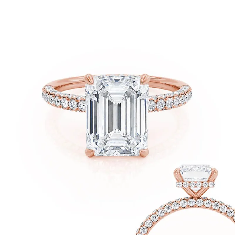 Braided Shank Engagement RingsCOCO - Emerald Moissanite & Diamond 18k Rose Gold Petite Hidden Halo Triple Pavé Ring