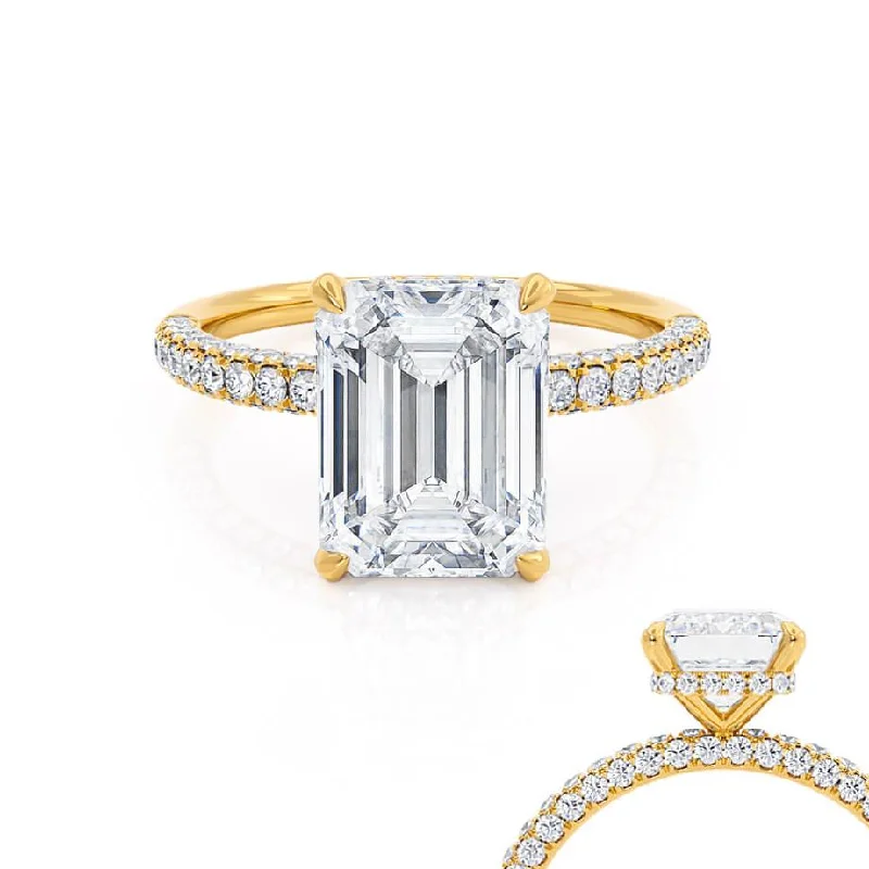 Classic Engagement RingsCOCO - Emerald Moissanite & Diamond 18k Yellow Gold Petite Hidden Halo Triple Pavé Ring