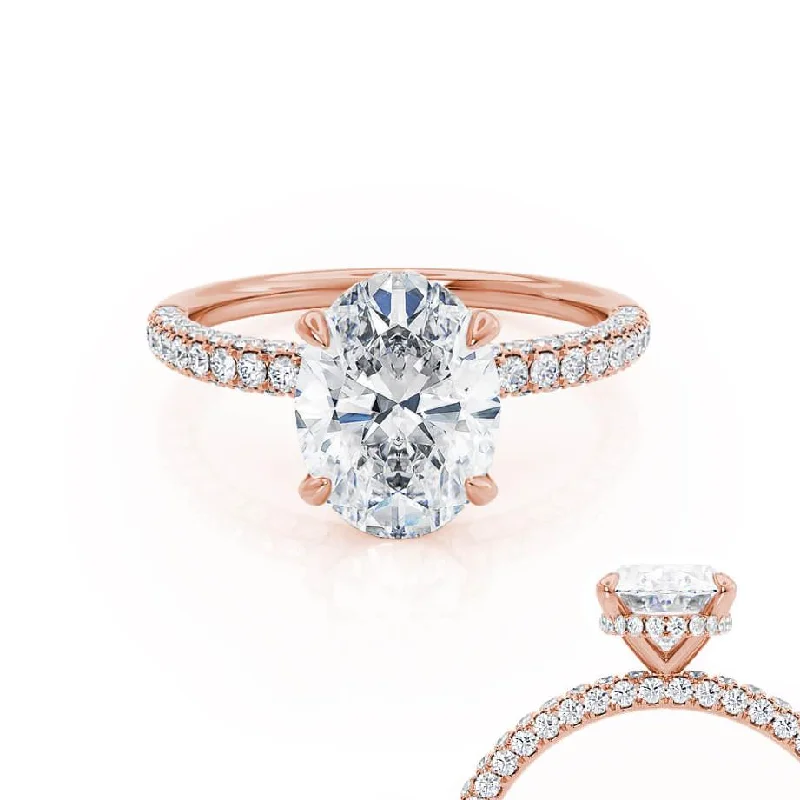 Three Stone Diamond Engagement RingsCOCO - Oval Lab Diamond 18k Rose Gold Petite Hidden Halo Triple Pavé Shoulder Set