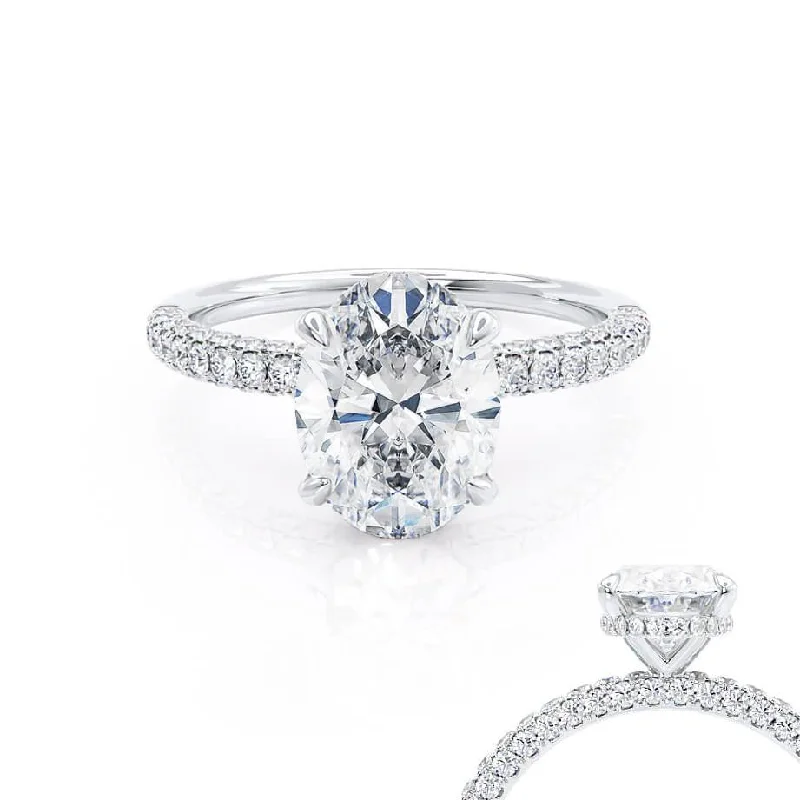 Engraved Engagement RingsCOCO - Oval Lab Diamond Platinum Petite Hidden Halo Triple Pavé Shoulder Set