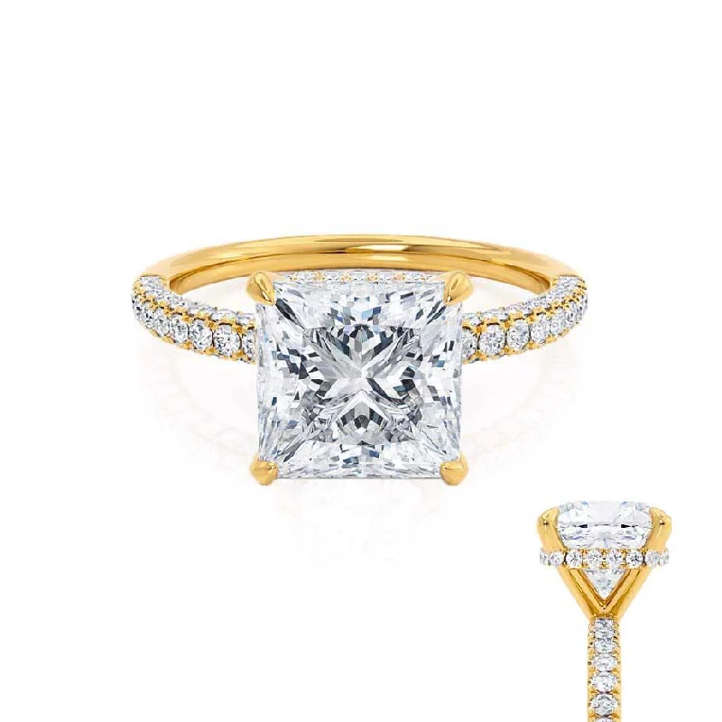 Filigree Engagement RingsCOCO - Princess Moissanite & Diamond 18k Yellow Gold Hidden Halo Triple Pavé Shoulder Set