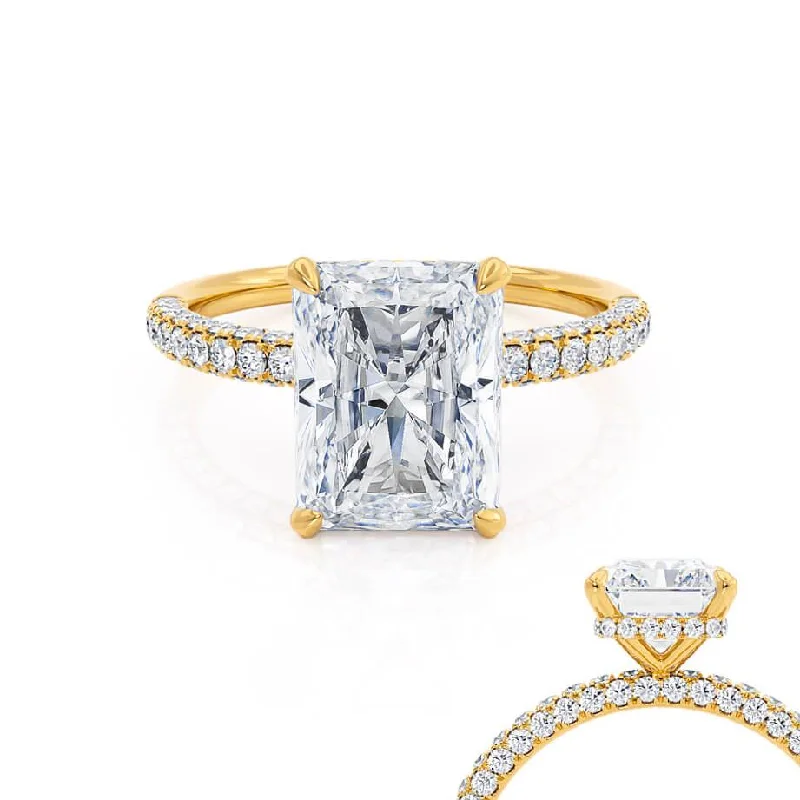 Thin Band Engagement RingsCOCO - Radiant Moissanite & Diamond 18k Yellow Gold Petite Hidden Halo Triple Pavé Shoulder Set Ring