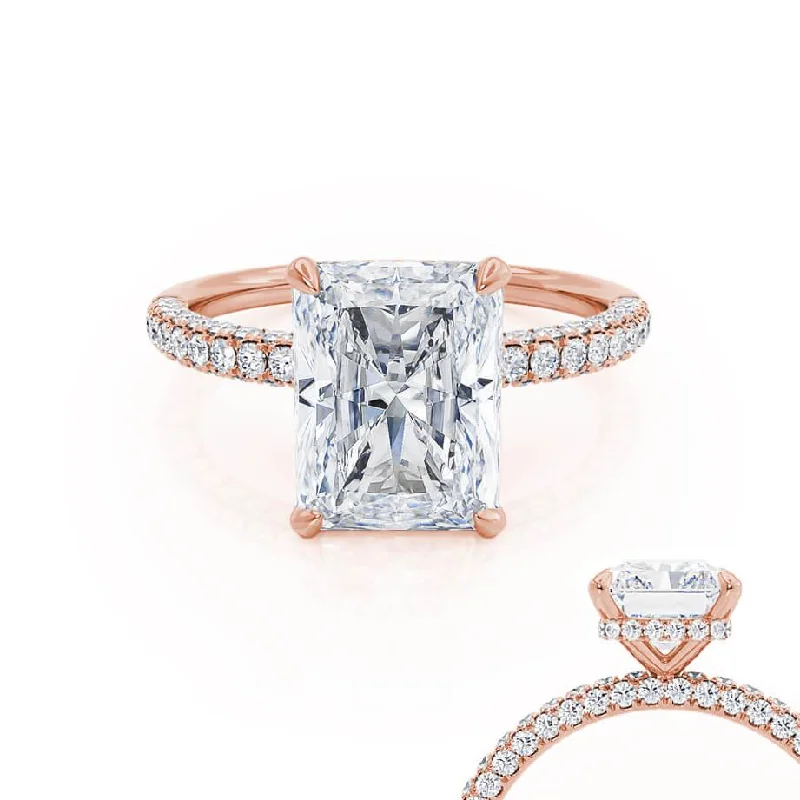 Vintage Inspired Engagement RingsCOCO - Radiant Lab Diamond 18k Rose Gold Petite Triple Pavé Hidden Halo