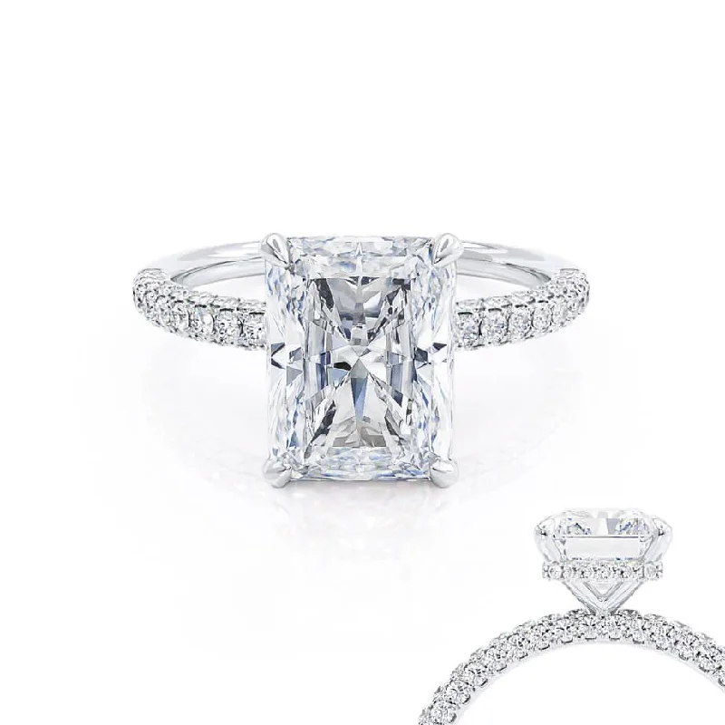 Etched Engagement RingsCOCO - Radiant Lab Diamond Platinum Petite Triple Pavé Hidden Halo