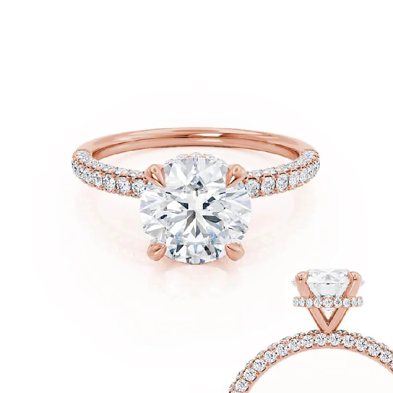 Topaz Engagement RingsCOCO- Round Lab Diamond 18k Rose Gold Petite Hidden Halo Triple Pavé Shoulder Set Ring