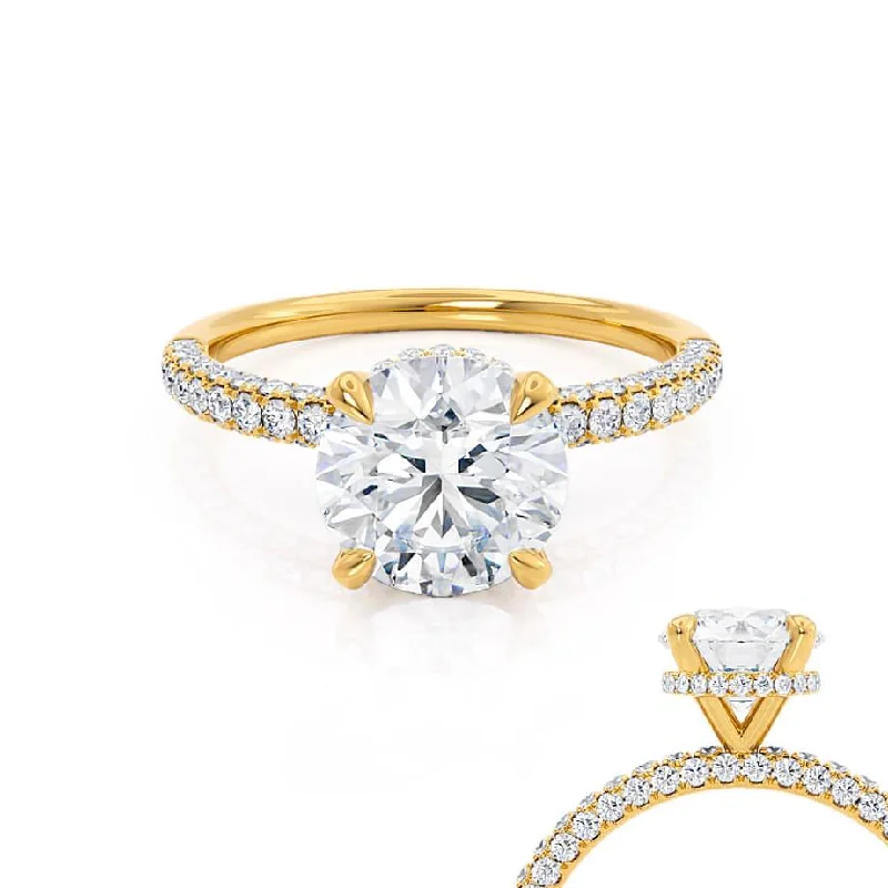 Double Halo Engagement RingsCOCO- Round Lab Diamond 18k Yellow Gold Petite Hidden Halo Triple Pavé Shoulder Set Ring