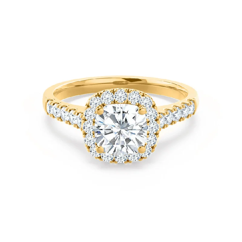 Split Shank Engagement RingsOPHELIA - Cushion Moissanite & Diamond 18k Yellow Gold Halo Ring