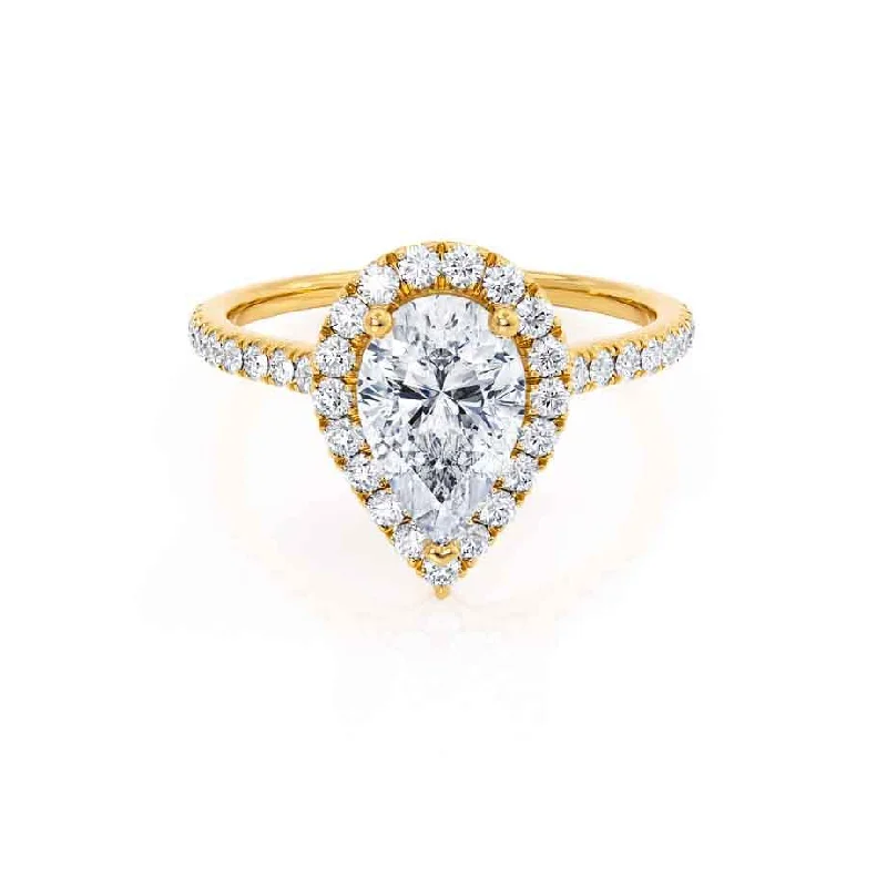 Three Stone Diamond Engagement RingsHARLOW - Pear Moissanite & Diamond 18k Yellow Gold Halo