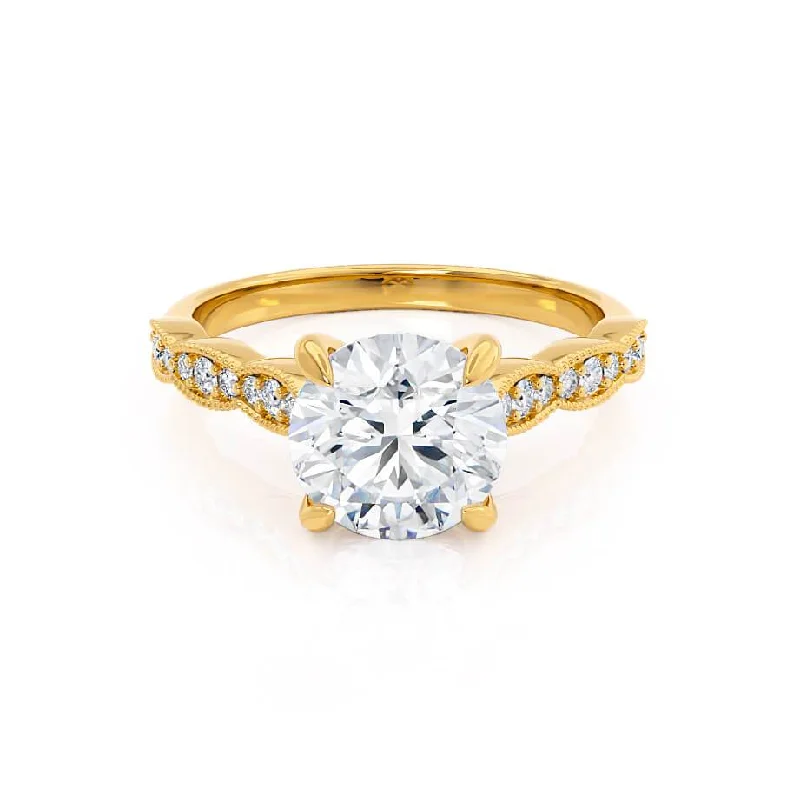 Etched Engagement RingsHONOR - Round Moissanite 18k Yellow Gold Shoulder Set Ring