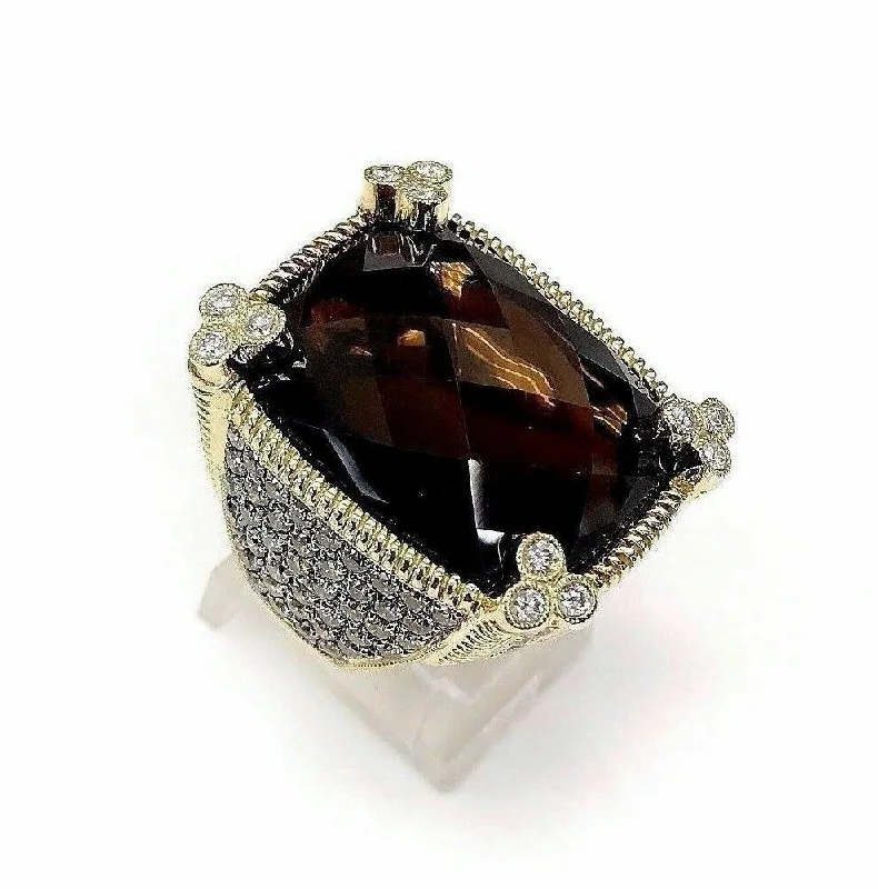 Engagement Rings for Big HandsLarge Smoky Quartz White and Chocolate Diamond Celebration Ring 18K Yellow Gold