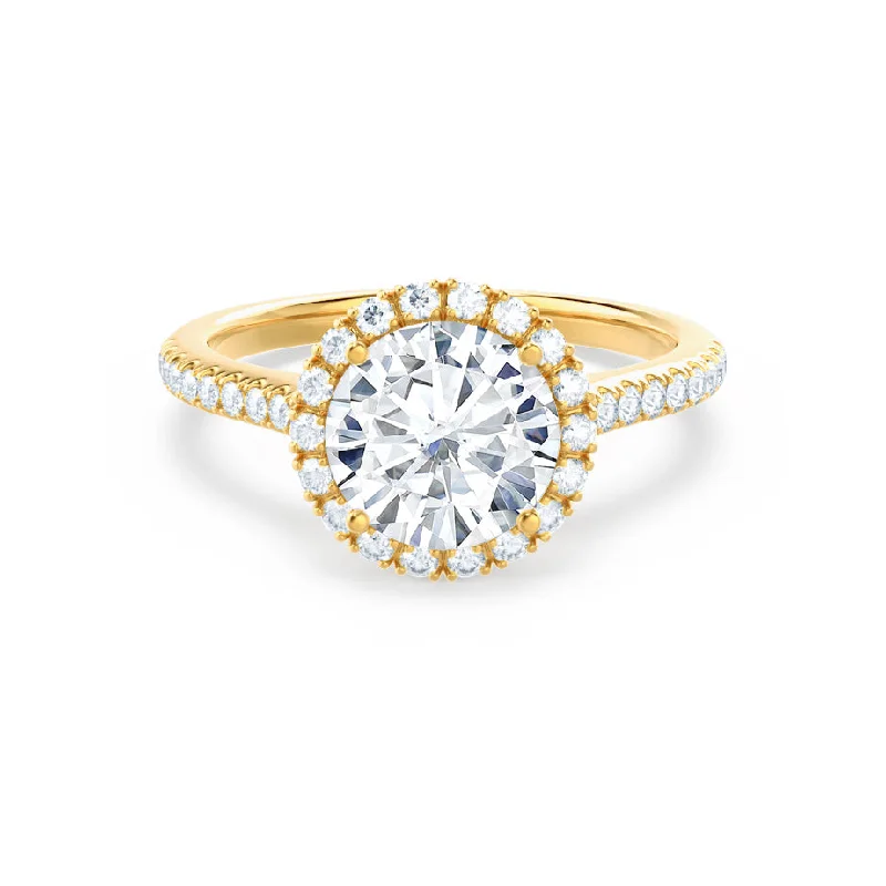 Rustic Engagement RingsLAVENDER - Round Moissanite & Diamond 18k Yellow Gold Petite Halo Ring