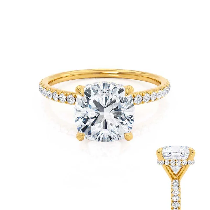 Micro Pave Engagement RingsLIVELY - Cushion Moissanite & Diamond 18k Yellow Gold Hidden Halo Micro Pavé Shoulder Set