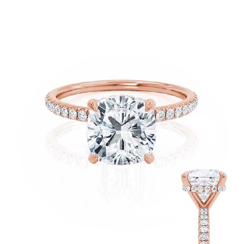 Marquise Cut Engagement RingsLIVELY - Cushion Lab Diamond 18k Rose Gold Petite Hidden Halo Pavé Shoulder Set