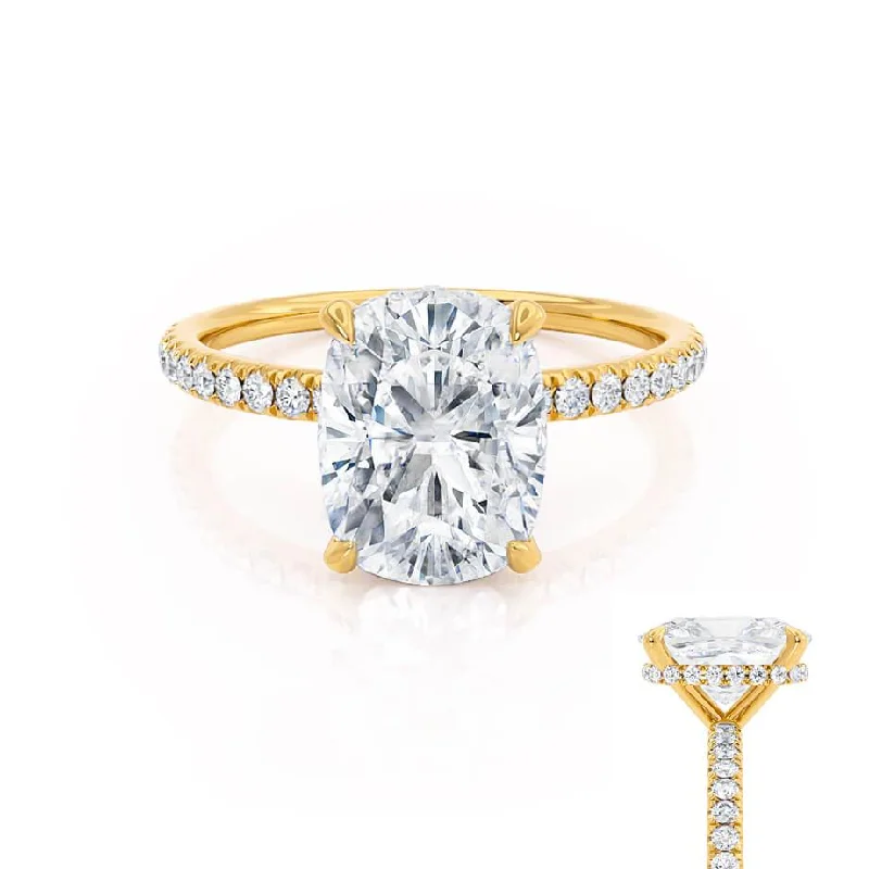 Double Halo Engagement RingsLIVELY - Elongated Cushion Moissanite & Diamond 18k Yellow Gold Petite Hidden Halo Pavé Shoulder Set Ring