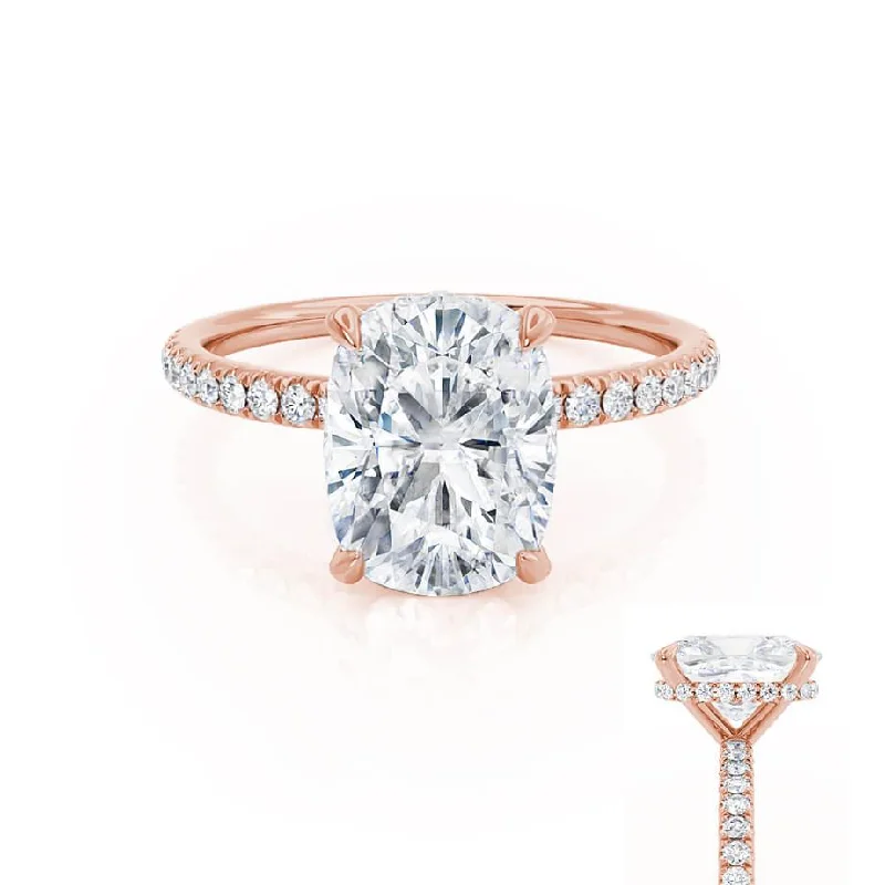 Cushion Cut Engagement RingsLIVELY - Elongated Cushion Lab Diamond 18k Rose Gold Petite Hidden Halo Pavé Shoulder Set