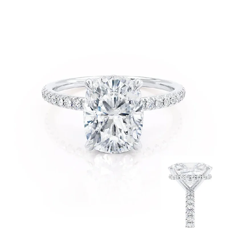 Twisted Shank Engagement RingsLIVELY - Elongated Cushion Lab Diamond Platinum Petite Hidden Halo Pavé Shoulder Set