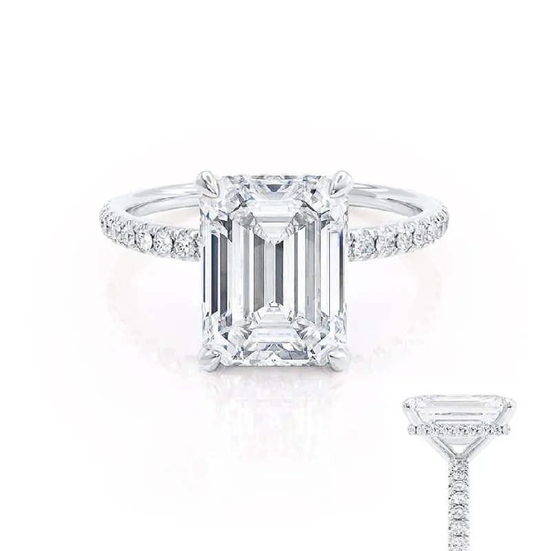 Antique Engagement RingsLIVELY - Emerald Lab Diamond & Diamond Platinum Hidden Halo Micro Pavé Shoulder Set