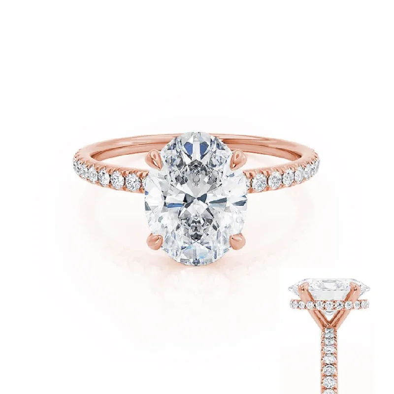 Tanzanite Engagement RingsLIVELY - Oval Lab Diamond 18k Rose Gold Petite Hidden Halo Pavé Shoulder Set