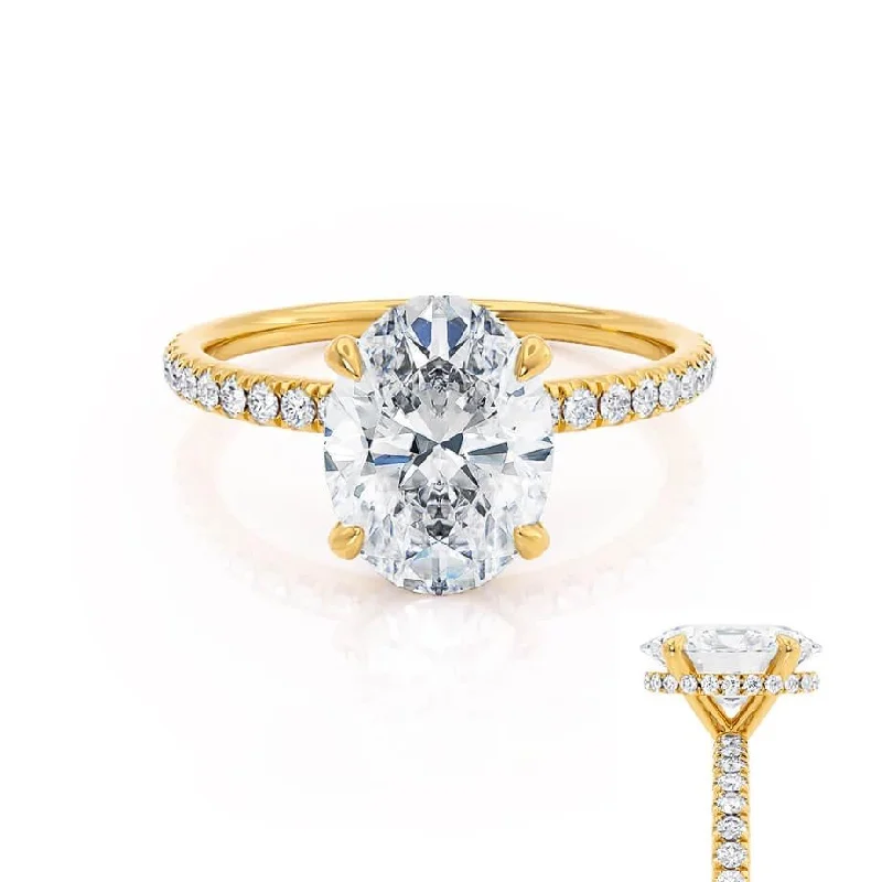 Affordable Engagement RingsLIVELY - Oval Lab Diamond 18k Yellow Gold Petite Hidden Halo Pavé Shoulder Set