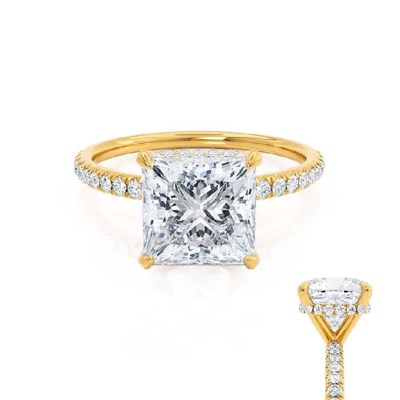 Hidden Halo Engagement RingsLIVELY - Princess Moissanite & Diamond 18k Yellow Gold Hidden Halo Micro Pavé Shoulder Set