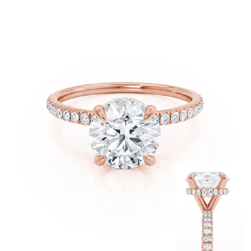 Moissanite Engagement RingsLIVELY - Round Lab Diamond 18k Rose Gold Hidden Halo Micro Pavé Shoulder Set Ring