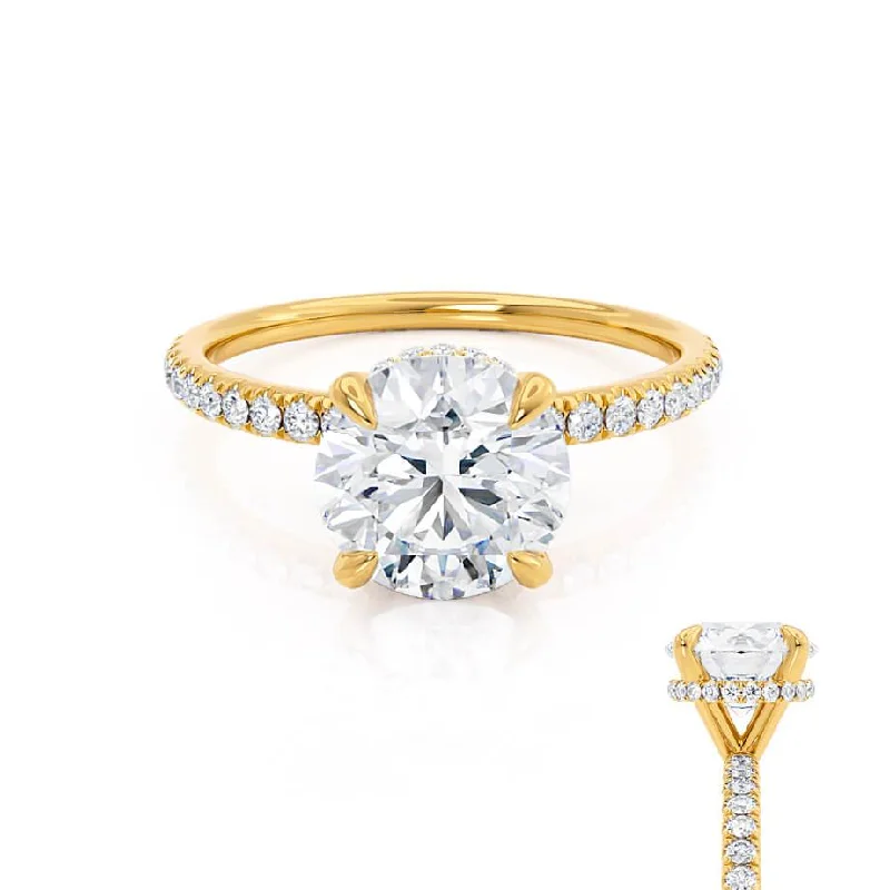 Etched Engagement RingsLIVELY - Round Lab Diamond 18k Yellow Gold Petite Hidden Halo Pavé Shoulder Set Ring