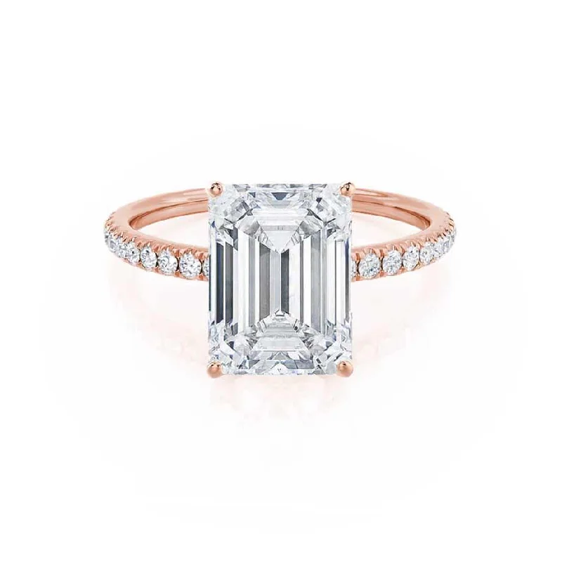 High Quality Engagement RingsMACY - Emerald Moissanite & Diamond 18k Rose Gold Petite Pavé Ring