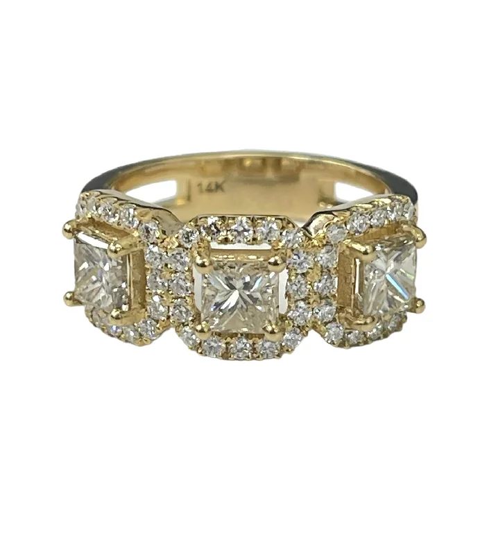 Thick Band Engagement RingsThree Stone Princess Cut Champagne Diamond Ring Yellow Gold 14kt